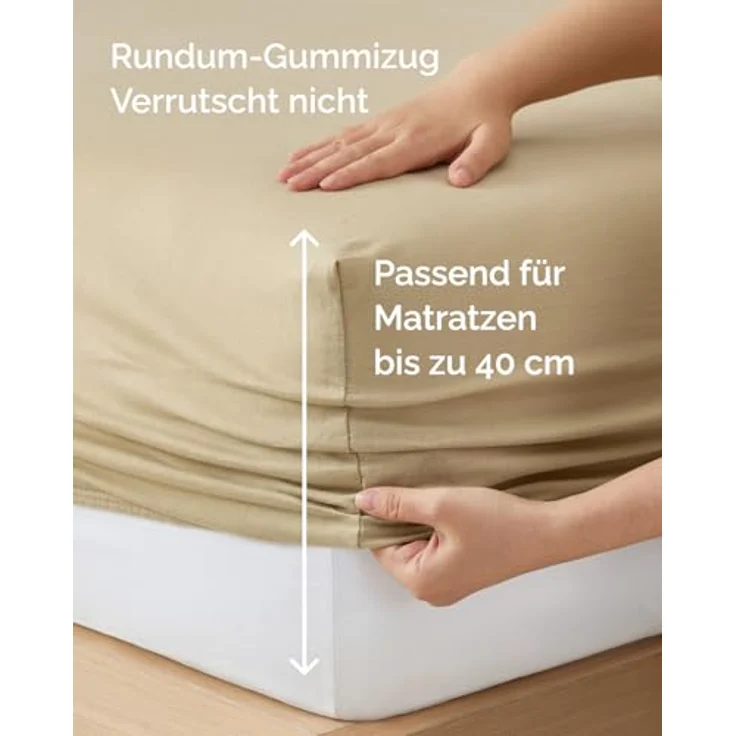 Spannbettlaken Jersey 90x200 - Baumwolle Boxspringbett 40cm tief - Beige | Spannbetttuch, Rundumgummi, Dehnbar, Weich, Atmungsaktiv, Knitterfrei, Pflegeleicht, Baumwoll-Jersey, Bis 40cm, OEKO-TEX – Bild 5