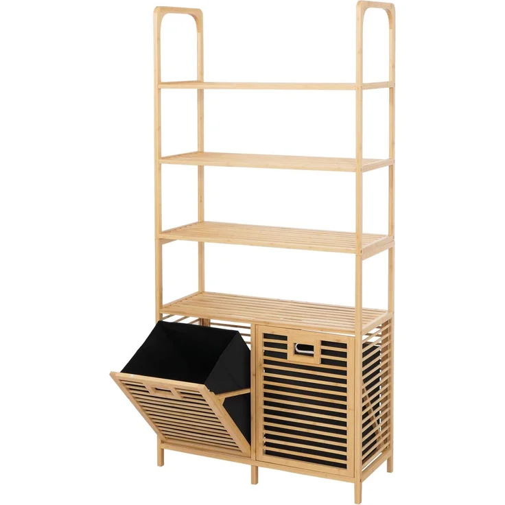 Bambus-Badezimmerschrank HWC-N83, Regal Badschrank, 2 Wäschekörbe 4 Regalböden MVG 168x81x33cm ~ natur, Korb anthrazit – Bild 7