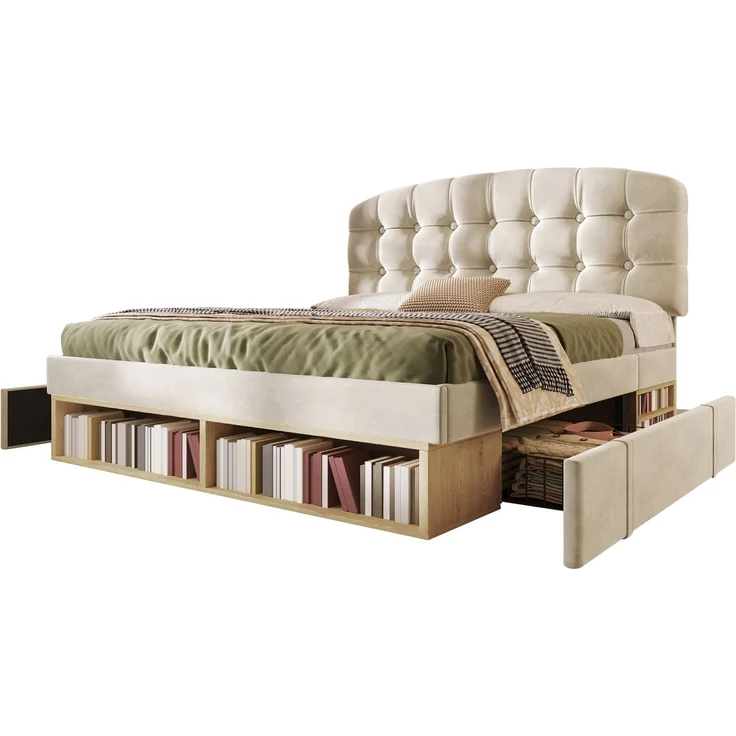 Merax Doppelbett 140x190 cm, Polsterbett mit Lattenrost, Bettgestell mit gebogenem höhenverstellbarem Kopfteil, Bett mit Schubladen und Stauraum, Samt, Beige – Bild 10