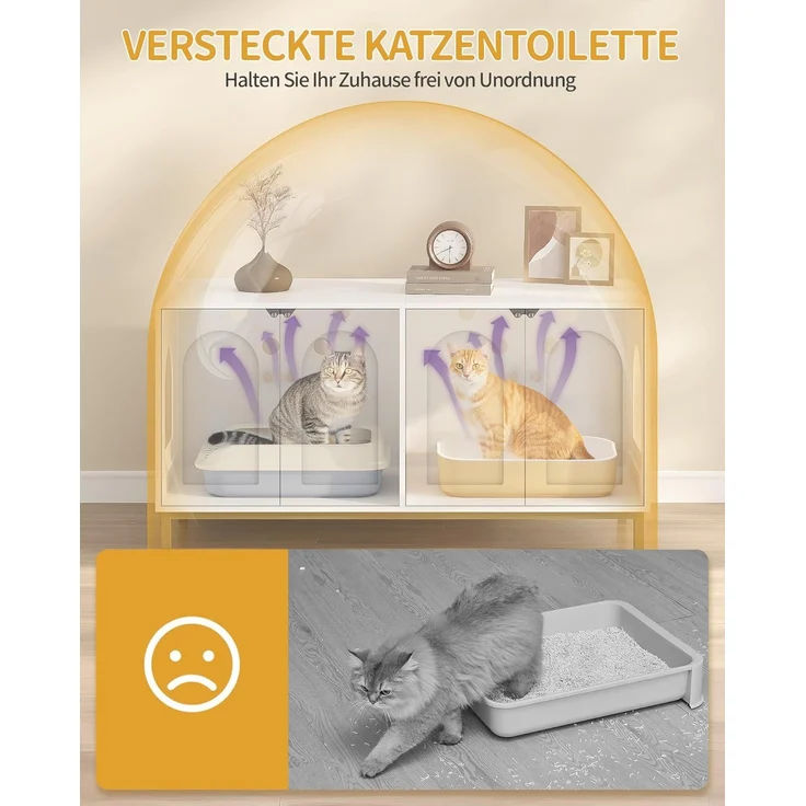Katzenschrank für 2 Katzen, 119cm Versteckte Katzentoilettenmöbel, Hölzernes Haustierhaus, Aufbewahrungsschrankbank, Passend für die Meisten Katzentoilettenkä, Weiß und Gold – Bild 3