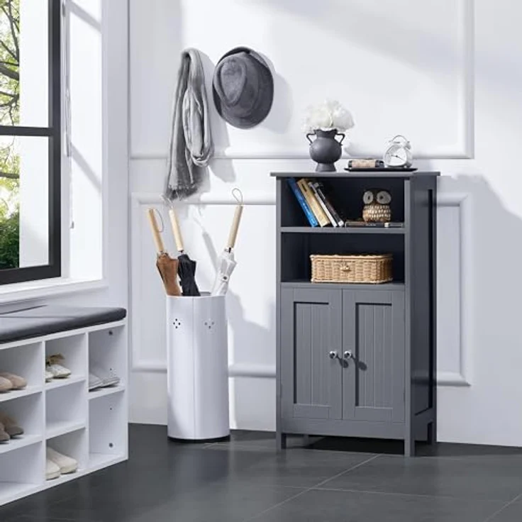 Yaheetech Badezimmerschrank Unterchrank Badschsrank mit Doppeltür & 2 offenen Ablagefächern Badregal Badkommode mit verstellbarem Einlegeboden, Dunkelgrau, 50 x 30 x 92,5 cm – Bild 2
