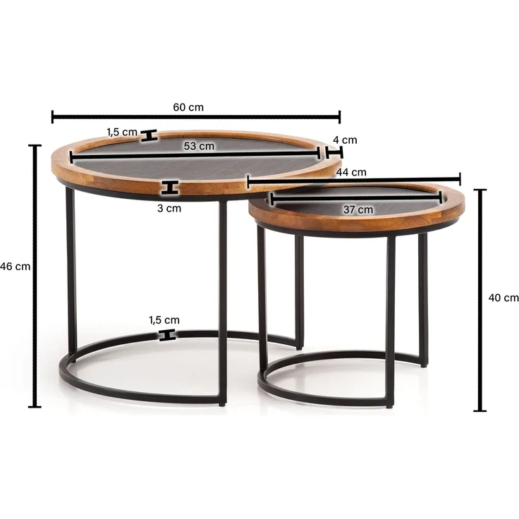 Couchtisch 2er Set Mango Massivholz Rund Metallgestell Modern Braun Anthrazit – Bild 3