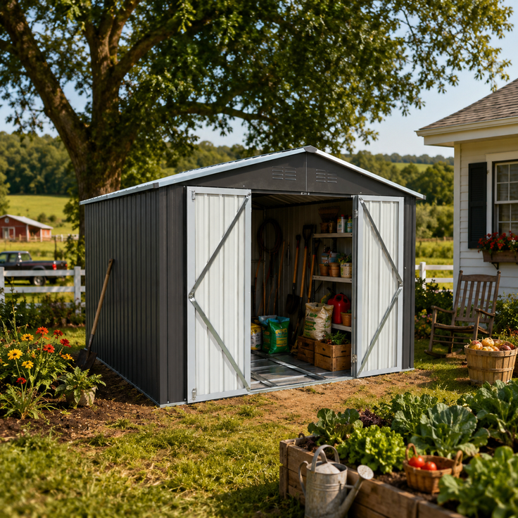 ZUBALIYA Metall-Gartenschuppen 10x8 ft mit Spitzdach in Grau als Außenlager. Der Schuppen ist mit einem integrierten Bodenrahmen ausgestattet. Grundfläche: 7,46 m² – Bild 6