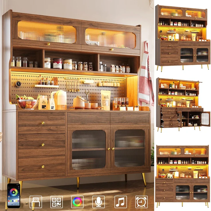 ZUBALIYA LED-Küchenschrank 145x39x171 cm, mit App-Steuerung, mit Stauraum, MDF/Glas, Nussbaum – Bild 1