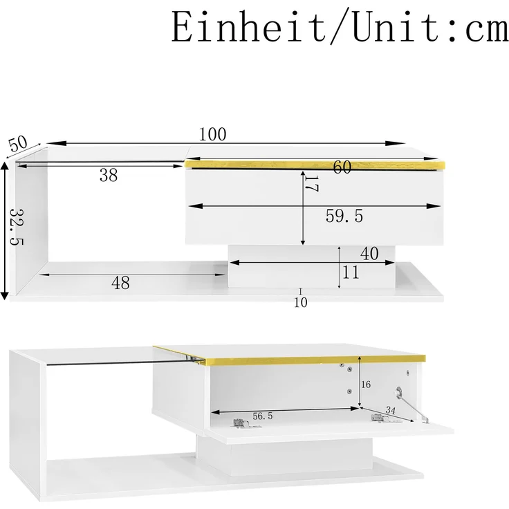 Couchtisch 100x50 cm Hochglanz Weiß LED Beleuchtung App Steuerung 16 Farben Glasplatte Wohnzimmer – Bild 10