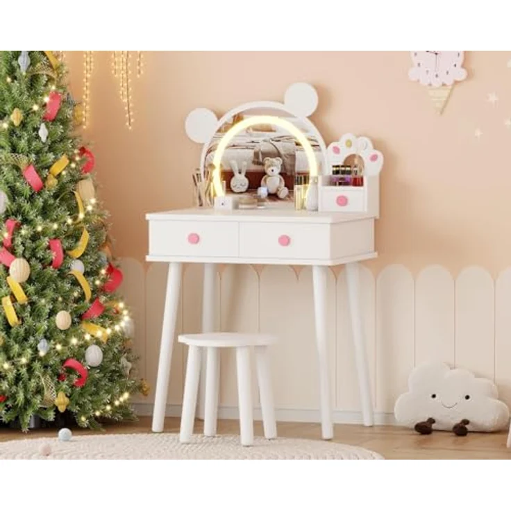 GarveeLife Schminktisch für Kinder, Mädchen, mit Spiegel & LED-Licht in 3 Farben mit 2 Schubladen, für Kinder von 3 – 8 Jahren, 55 x 38 x 101 cm – Bild 1