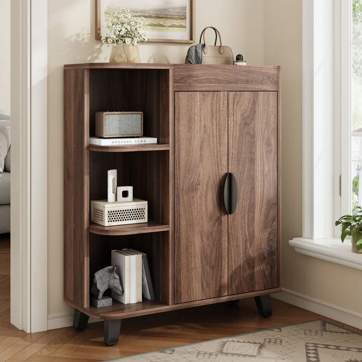 MODFU Schuhschrank 80x99x32 cm mit offenen Fächern, Nussbaum (Packung, 1-St, schmal, Mehrzweckschrank für schmale Eingangsbereiche) Doppeltüriger Schuhschrank in Holzoptik, Kombination aus geschlossenen – Bild 4