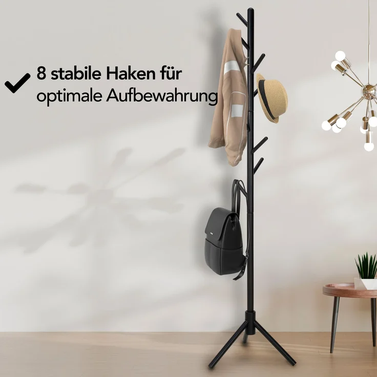 Brixy Garderobenständer - Stehgarderobe - 8 Haken - 175 cm - Garderobenständer Holz - Garderobenständer - Schwarz – Bild 3