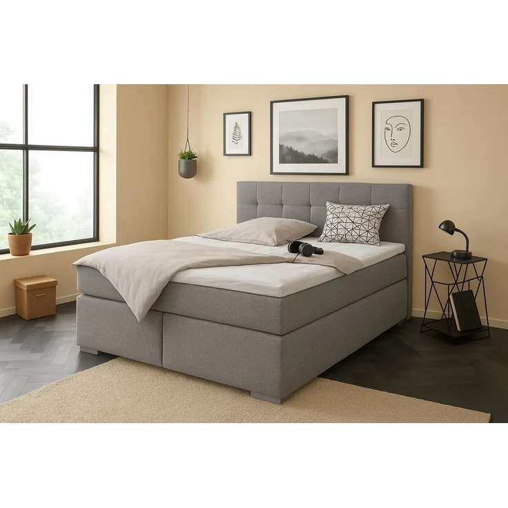 Boxspringbett TOM 120x 200 cm mit Matratze und gepolstertem Kopfteil. Farbe Dunkelgrau – Bild 2