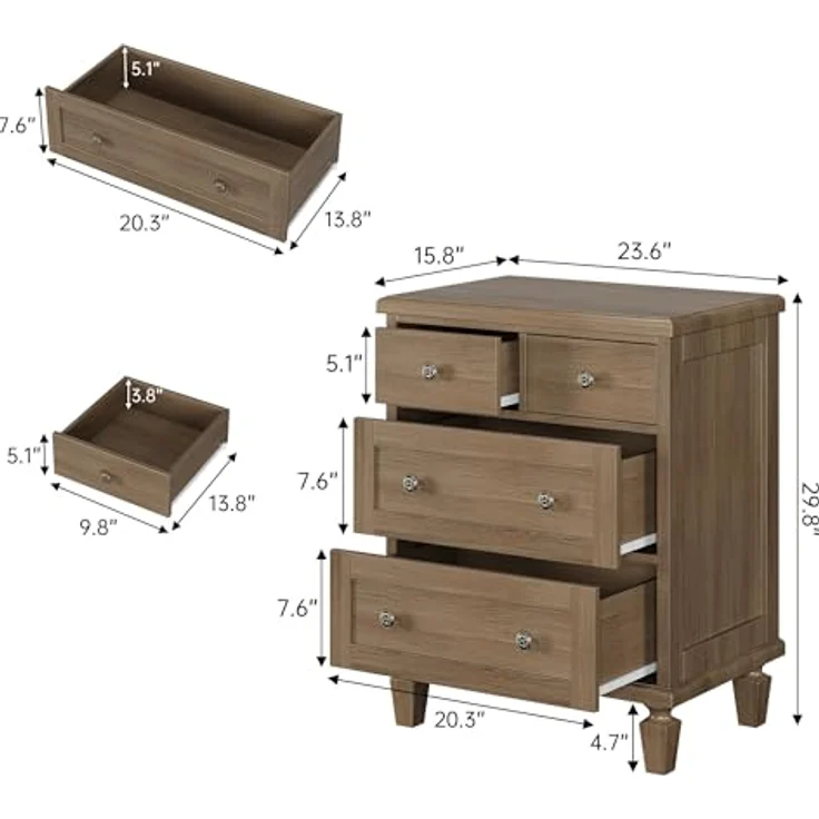 IDEALHOUSE Vintage Kommode mit 4 Schubladen, Holz-Schubladenschrank mit 2 kleinen & 2 großen Schubladen, Geschnitzte Griffe & konische Beine, Hellbraun – Bild 2
