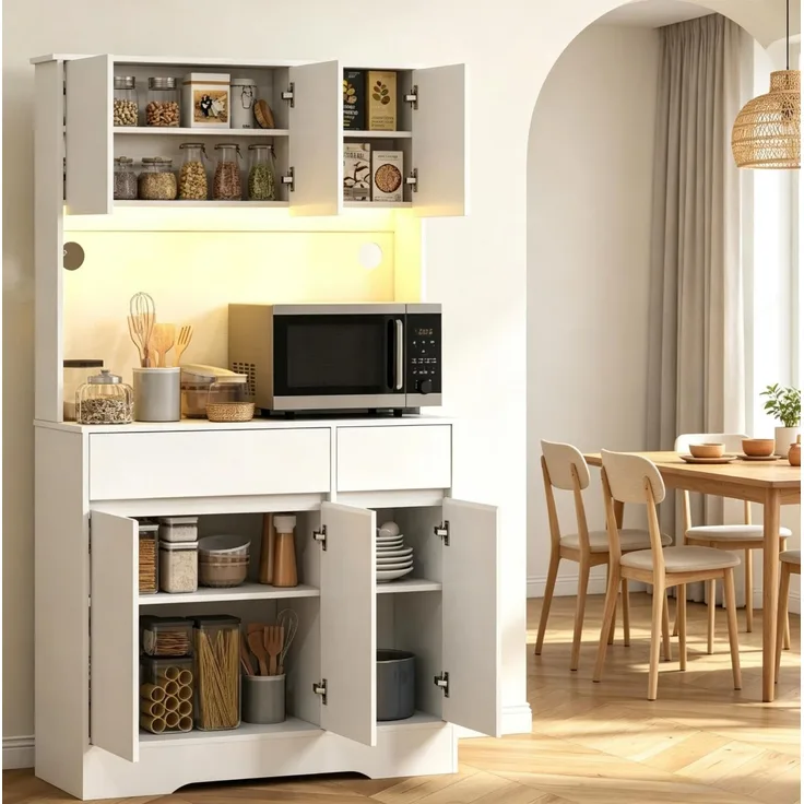 Küchenbuffet 100x38x180 cm mit Arbeitsfläche, Stauraum und RGB-LED-Beleuchtung – weiß