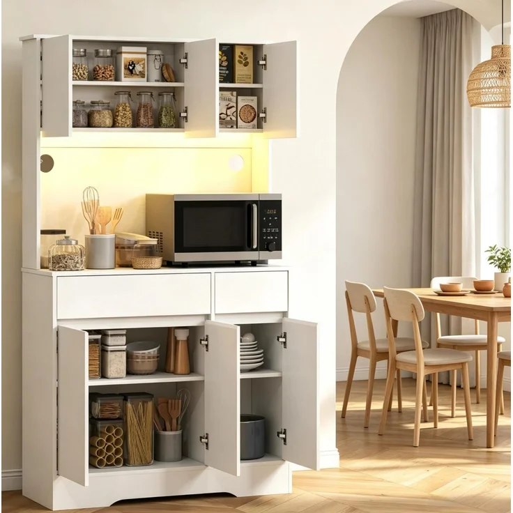 Küchenbuffet 100x38x180 cm mit Arbeitsfläche, Stauraum und RGB-LED-Beleuchtung – weiß – Bild 1