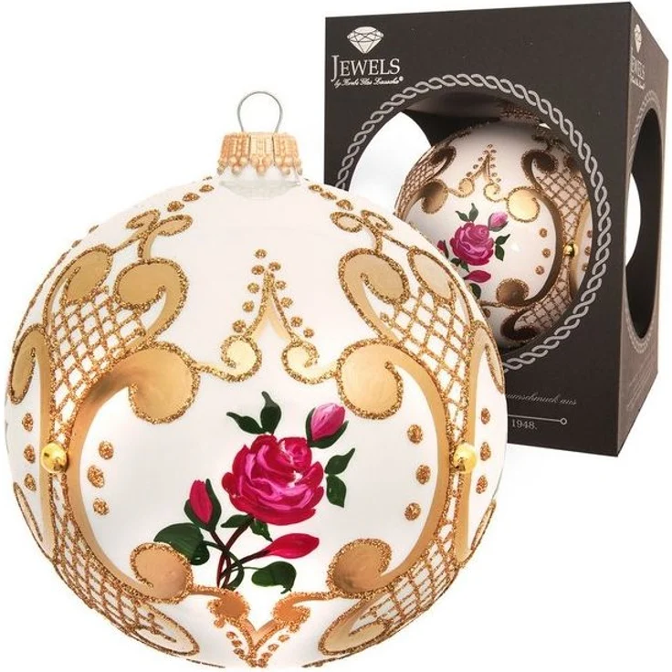Krebs Glas Lauscha Weihnachtsbaumkugel weiße Glaskugel mit Rosendesign - im Barock-Stil - ca. 10 cm, für klassische wie moderne Weihnachtsdekoration – Bild 1