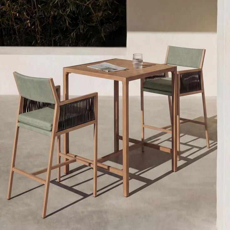 Set Bartisch + 2x Barhocker HWC-Q12, Barstuhl Stehtisch, Polyrattan Olefin (210 g/m²) ~ grün – Bild 1