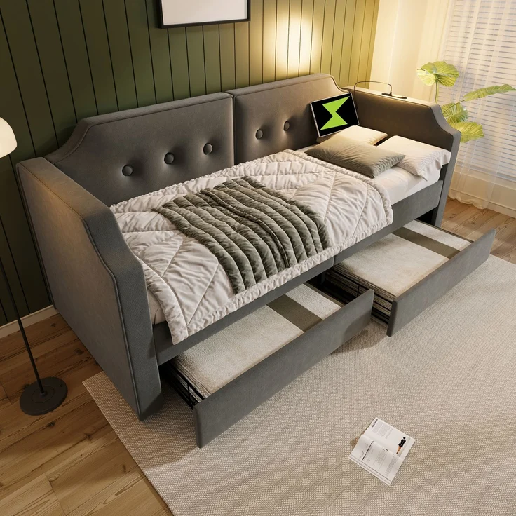 Schlafsofa Grau mit USB Type-C, Leselampe und 2 Schubladen, Samtbezug, 90x200 cm – Bild 2