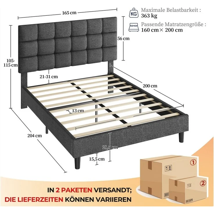 Yaheetech Polsterbett, 160x200 cm, mit höhenverstellbarem Kopfteil und Lattenrost, Dunkelgrau – Bild 4