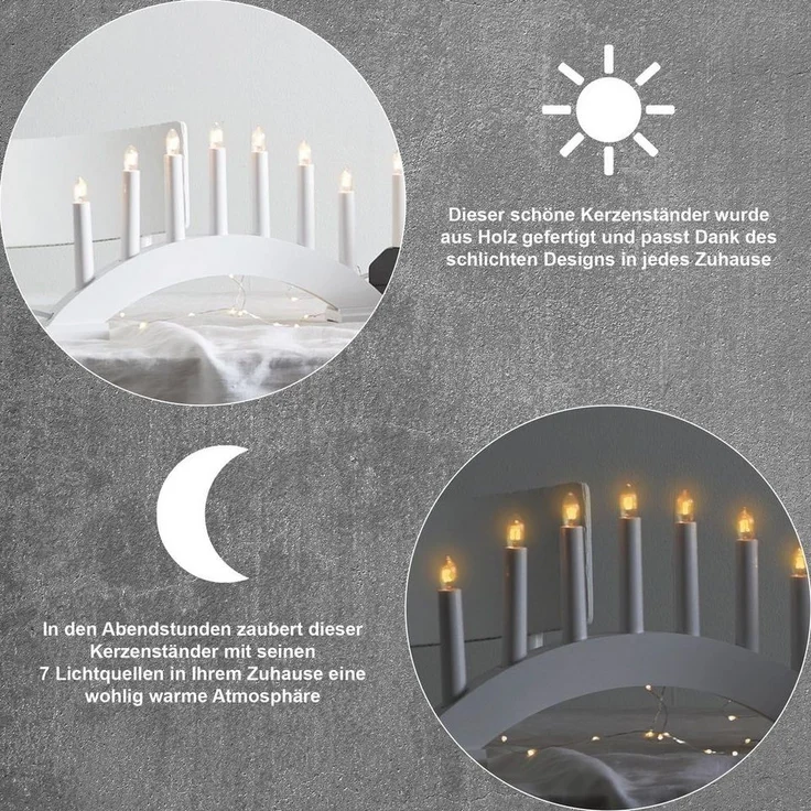 EGLO Lichterbogen Weihnachten mit 7 Kerzen, Fensterleuchter gebogen aus Holz in Weiß, Schwibbogen mit Kabel, Weihnachtsbeleuchtung Fenster, E10 Fassung, warmweiß – Bild 3