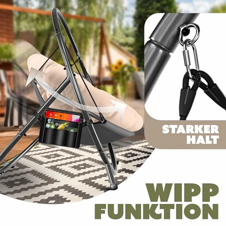 KESSER® Hängesessel mit Gestell BALI Hängeschaukel Hängestuhl bis 150kg für Indoor und Outdoor + Kissen & Seitentasche Hängekorb Stahlgestell & Schaumstoff Sitzpolster ideal für Wohnzimmer & Garten Beige – Bild 6