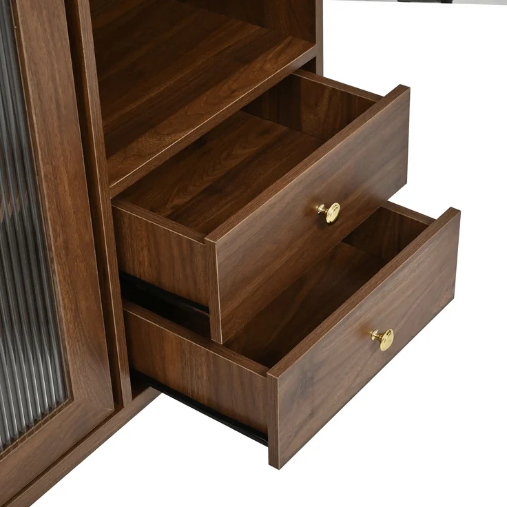 Flieks Küchenbuffet 117 x 30 x 170 cm mit 4 Riffelglas-Schiebetüren, Lochplatten-Rückwand, 2 Schubladen und offenen Fächern, Walnussfarben – Bild 9