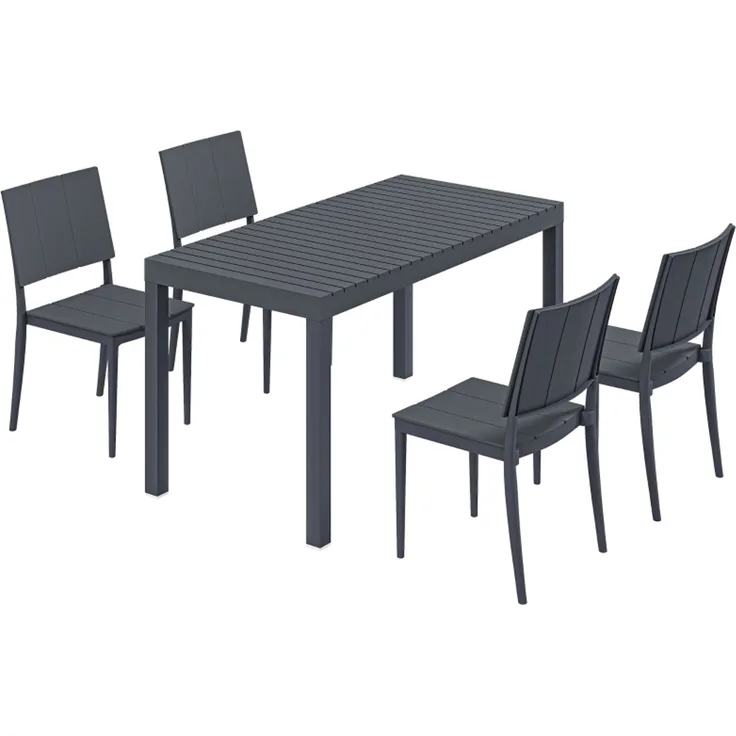 Gartenmöbel Set Sitzgruppe 5-teilig Breiter Tisch mit 4 Stapelstühlen Lamelldesign für 4 Personen