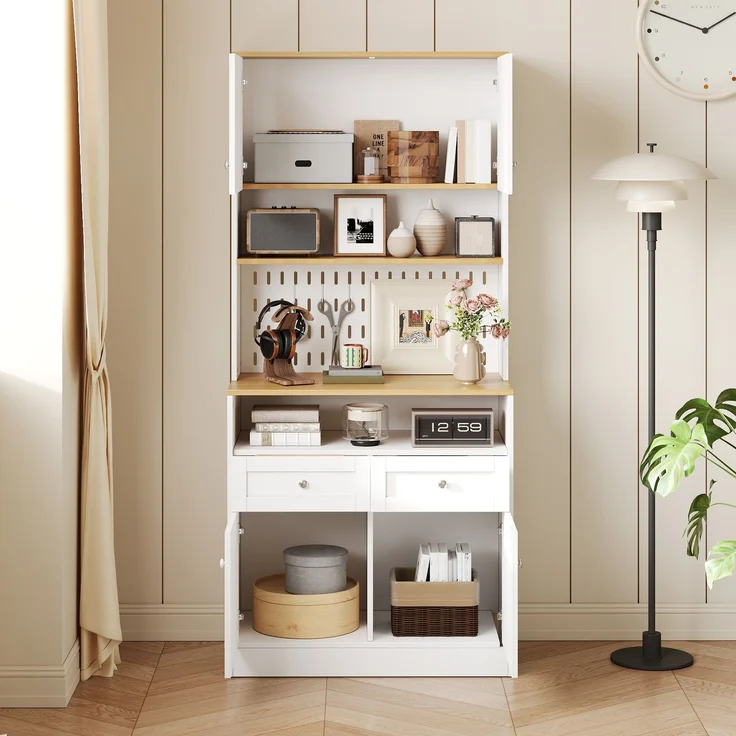 Stilvoller weißer Esszimmer Sideboard mit 2 Schubladen und 4 Türen – Elegantes Buffet für Küche, Esszimmer & Wohnzimmer mit Silber Griffen und großzügigem Stauraum--Weiß--80x40x175cm--YOUDENOVA – Bild 5