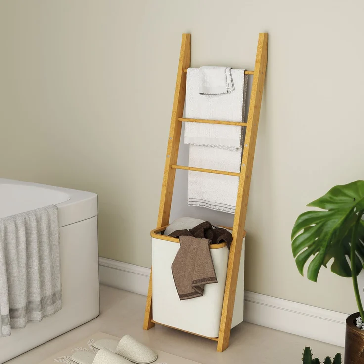 MELAYR, Badregal, 2-in-1 Badezimmerregal mit 3 Stangen, abnehmbarer 48L-Wäschekorb, Bambus, 43 x 35 x 133 cm, Cremeweiß – Bild 4