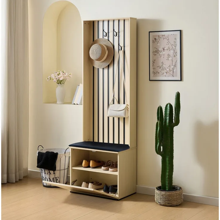 Garderobe mit gepolsterter Sitzbank und Stauraum, 61x35x179,5 cm, Holzfarben