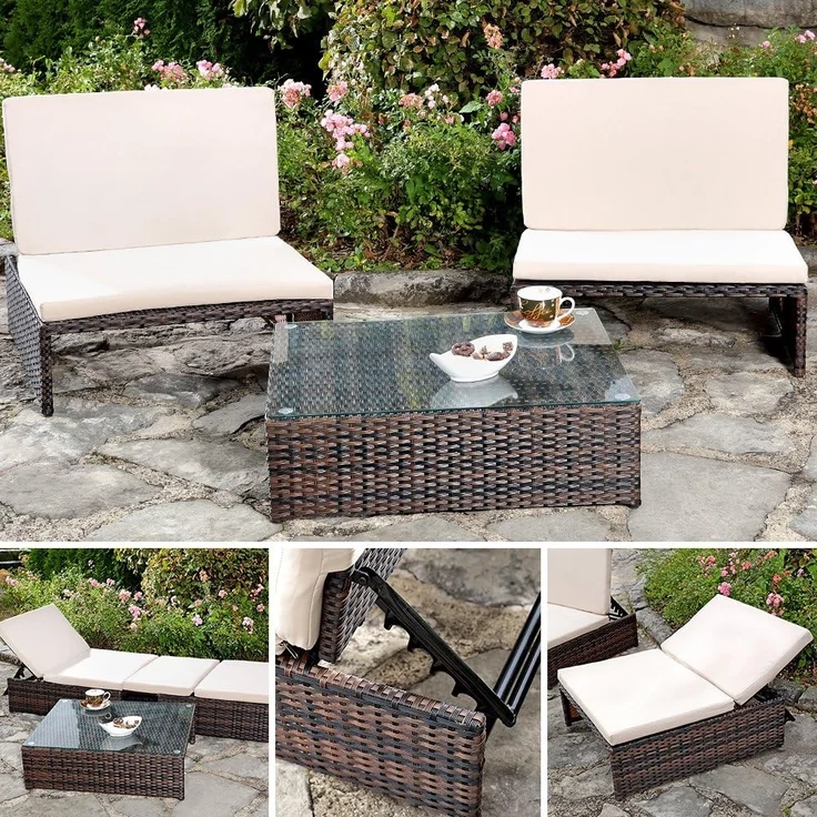 Lounge Gartengarnitur Sitzgruppe 2er Sessel Tisch Sonnenliege Polyrattan braun – Bild 2