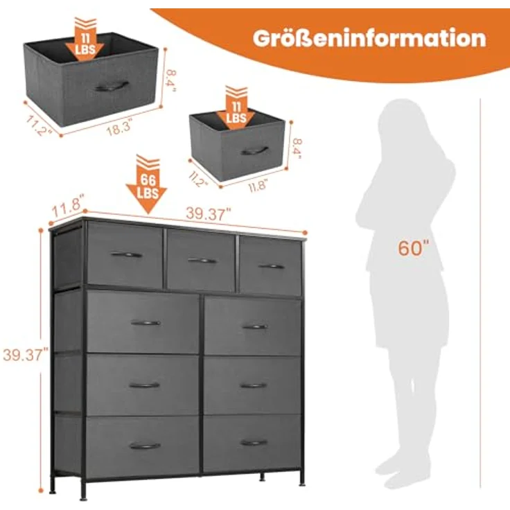 Sweetcrispy Kommode für Schlafzimmer, breite Schublade Kommode, 9 Stoffschubladen mit Griffen, Schubladen aus Stoff, Schrank, TV Stand für Schlafzimmer, Schrank, Wohnzimmer, Kinderzimmer – Bild 4