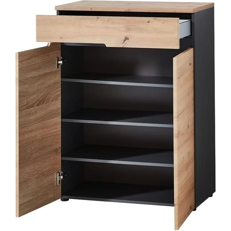 moebel-dich-auf Garderoben-Set MELBOURNE, (Komplettgarderobe, Garderobenschrank + Paneel + Bank + Spiegel + Schuhkommode), in Artisan Eiche MDF, Absetzung graphit – Bild 8