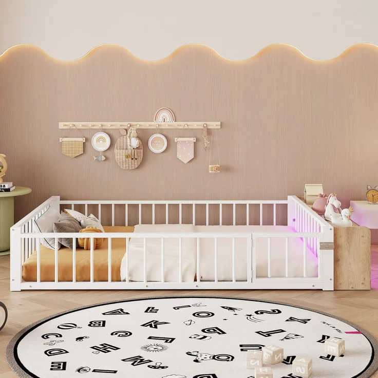 Kinderbett mit LED-Streifen, Regal, Zaun, Lattenrost und Tür, 140x200 cm, Einzelbett mit Rausfallschutz, Metallbett – Bild 2
