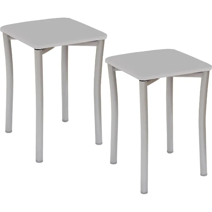 ASTIMESA Zwei Küchenhocker mit runden Beinen und grauem Kunstlederbezug.