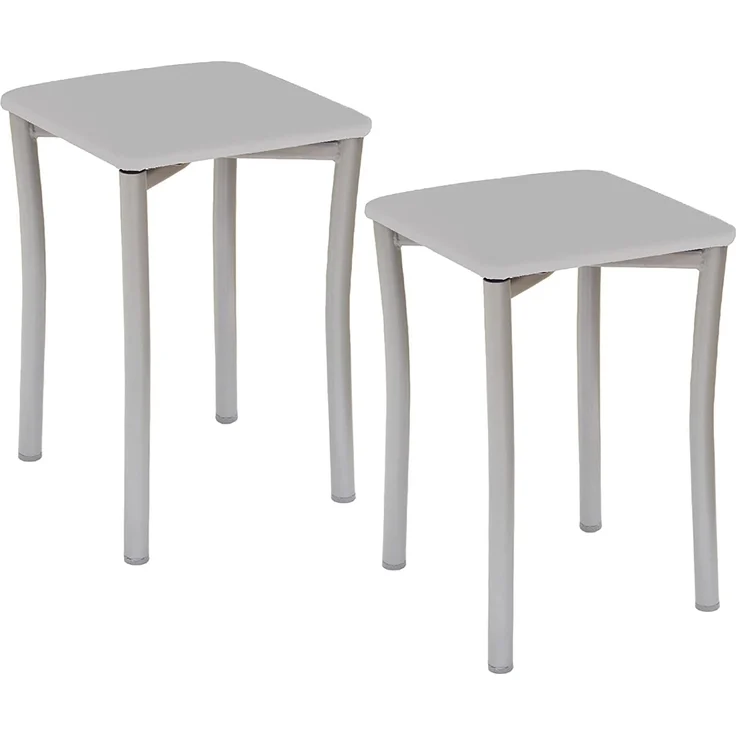 ASTIMESA Zwei Küchenhocker mit runden Beinen und grauem Kunstlederbezug.