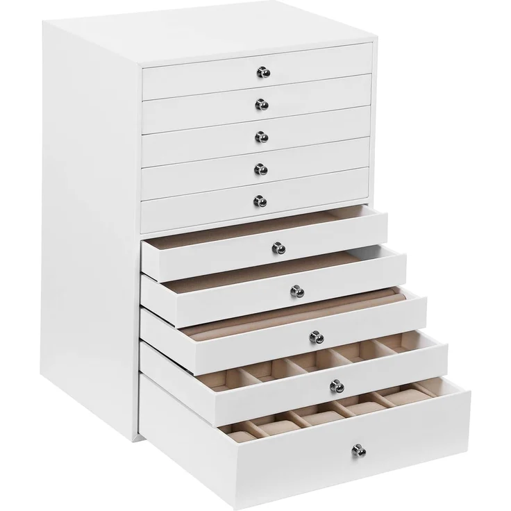 SONGMICS Schmuckkästchen, 10 Ebenen, Schmuckkasten mit Schubladen, Schmuckaufbewahrung geräumig, Schmuckschatulle modern, Geschenkidee, wolkenweiß JBC10W, Weiß – Bild 1