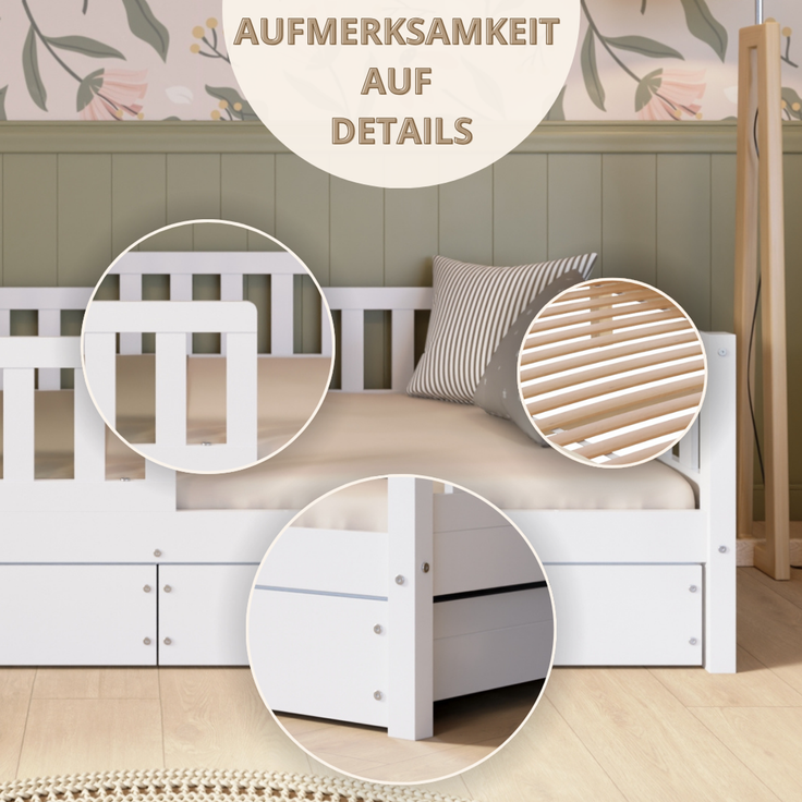 Crazy Pine 'Crazy Basic' Kinderbett mit Rausfallschutz, Skandinavisches Design, Holz, Weiß, 120x200 cm, mit Schublade – Bild 9