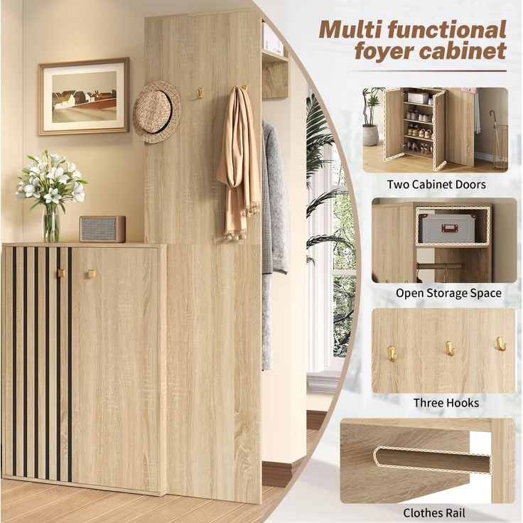 Kompaktgarderobe aus MDF mit Schuhschrank und Kleiderstange, 115x38,5x191,5 cm, Natur – Bild 8