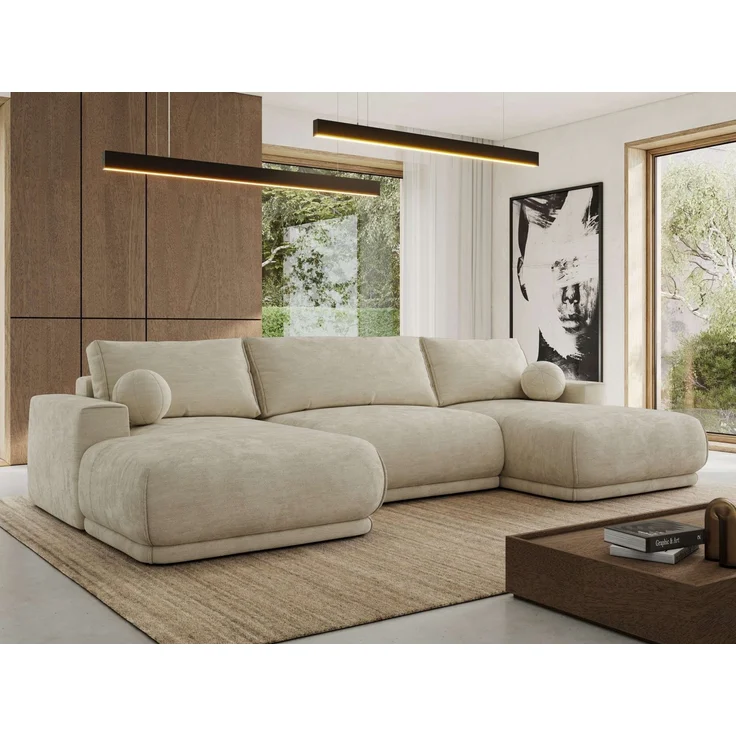 XXL Wohnlandschaft RINA U-Form 360 cm breit, Sofa mit Schlaffunktion & DL-Mechanismus, Wellenfederung, modern freistehend - Beige Schenille glatt – Bild 1