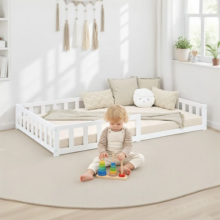 Kinderbett 120x200 Bodenbett mit Rausfallschutz Montessori Bett Kleinkindbett Holz Massiv Weiß Einzelbett Lattenrost Bettgestell – Bild 2