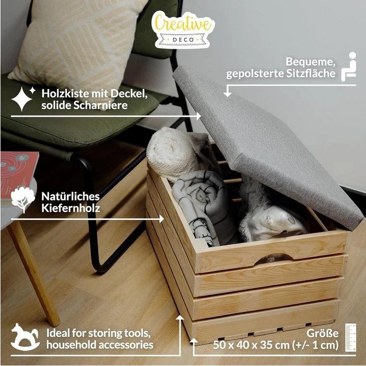 Creative Deco Sitzhocker Sitzbank gepolstert mit Stauraum 50x40x35 cm, mit Stauraum – Bild 3