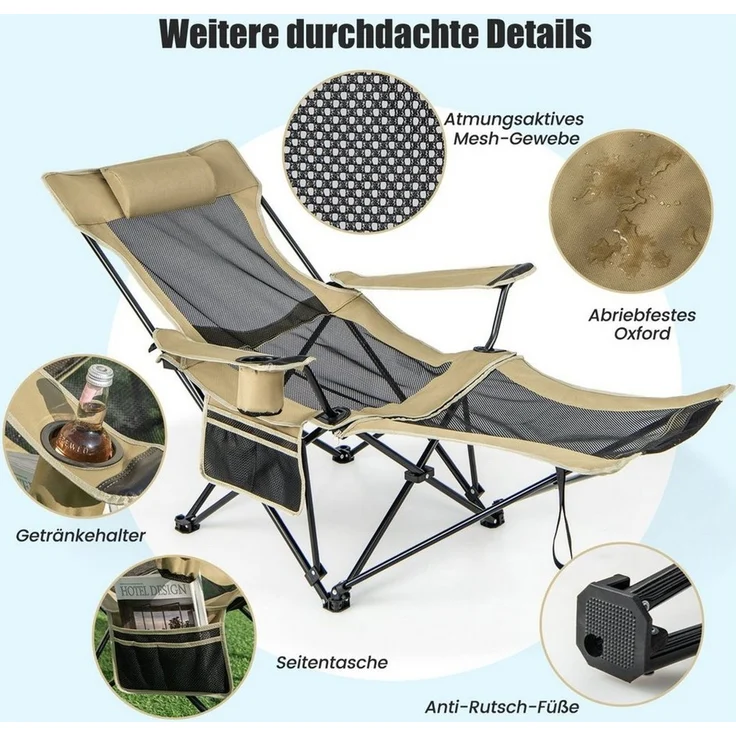 COSTWAY Campingstuhl Angelstuhl, faltbar mit Kopfstütze & Getränkehalter – Bild 2
