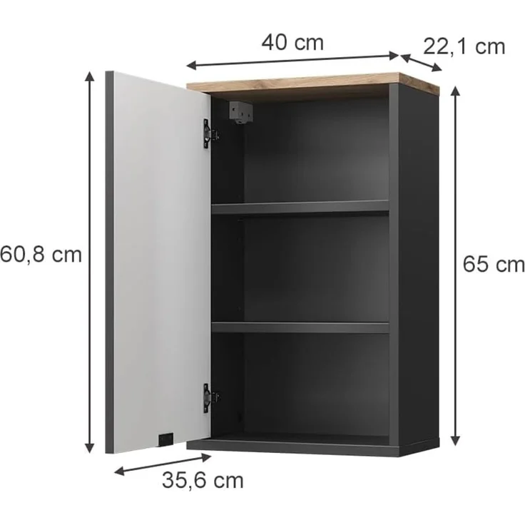 Vicco Hängeschrank Eliza, Schwarz/Viking Oak, 40 x 65 cm mit 2 Regalböden (1-St) – Bild 3