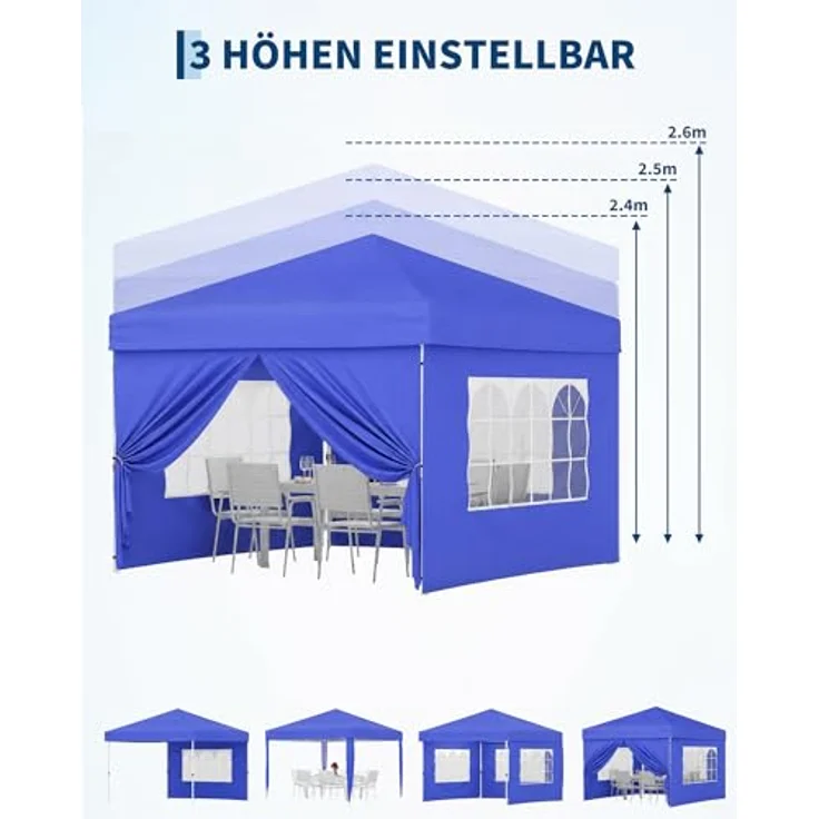 Faltpavillon 3x3 m wasserdicht stabil mit 4 Seitenwänden – Pop up Pavillon faltbar aus 420D Oxford, UV-Schutz 50+, 3-Fach höhenverstellbar, Partyzelt mit Tragetasche für Garten & Outdoor (Blau) – Bild 5
