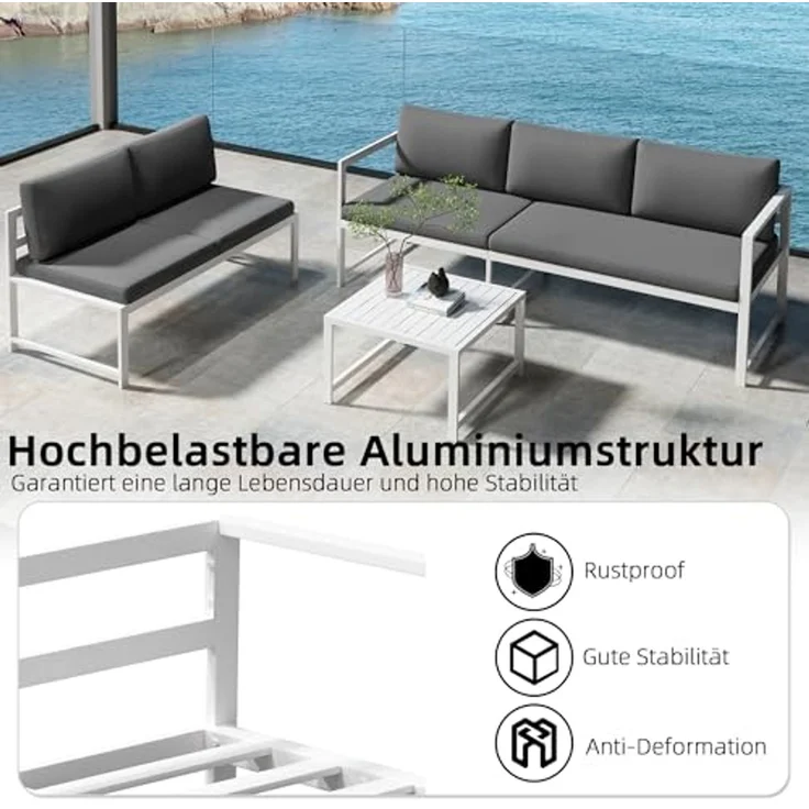 Sitzgruppe Weiß Aluminium Lounge Ecksofa mit Liegefunktion wetterfest Garten Tisch Outdoor-Möbel – Bild 7