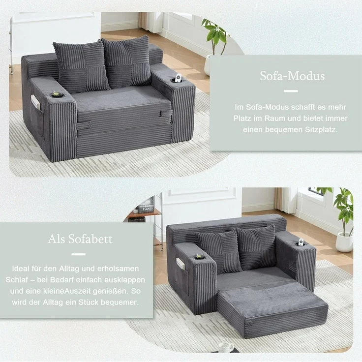i@home 2-Sitzer Cordstoff Doppelsofa 133cm, 2-Sitzer Sofa ohne Montage, Relaxsofa, Set 1 Teile, rahmenloser Design mit Rückenlehne, großes Sitz,151 x 133 x 64 cm, grau – Bild 4