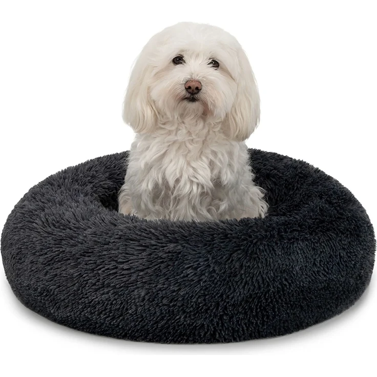 lionto Donut Hundebett, rundes Hundesofa mit Plüschbezug & Anti-Rutsch-Noppen, weich & gemütlich, 50 cm Durchmesser, dunkelgrau – Bild 1