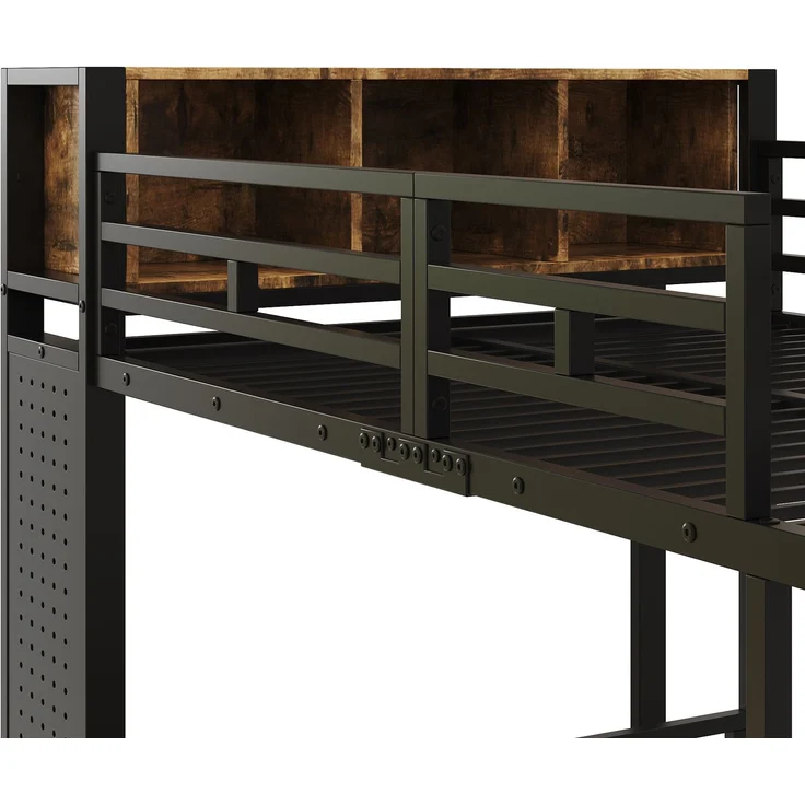 EINHOM Schwarzes Metall-Etagenbett 120 x 200 cm mit Stauraum, Kleiderstange, Schublade, Lochwand und Offenen Ablagefächern, Stockbett mit Multifunktionalem Aufbewahrungssystem (Ohne Matratze) – Bild 6