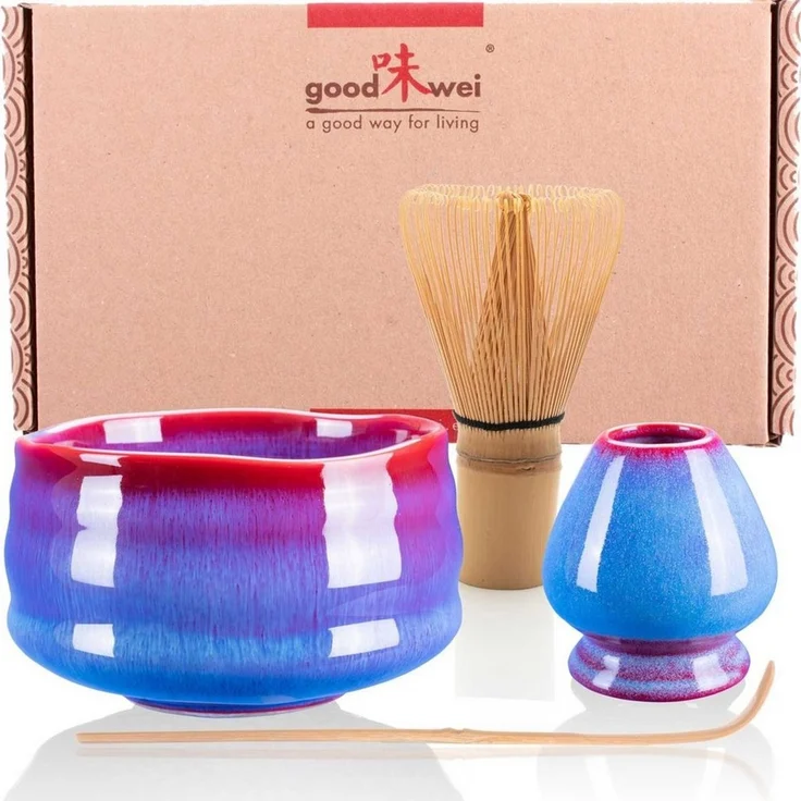 Goodwei Teeservice Matcha-Set "Seiun" mit Teeschale, Matchabesen 80 Borsten, Besenhalter (4-tlg), 1 Personen, Keramik, handgearbeitet