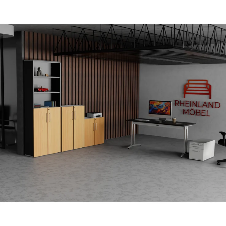 Rheinland Möbel Flügeltürenschrank Cabino 80×42×110 cm – abschließbarer Aktenschrank 3OH in Graphit/Buche mit 110° Drehtüren & Metallgriff – Bild 5