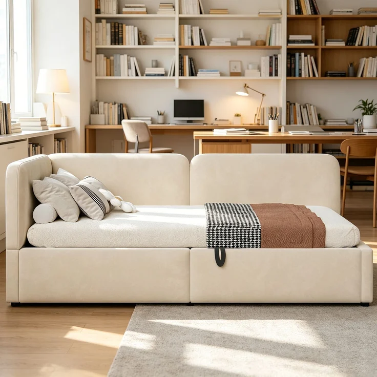 LVHOM Polsterbett 90x200 mit Stauraum, Samt Tagesbett mit Hydraulik, 2-in-1 Schlafsofa Bettgestell mit Lattenrost, Einzelbett, Beige – Bild 7