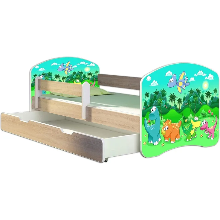 Kinderbett Jugendbett mit einer Schublade und Matratze Sonoma mit Rausfallschutz Lattenrost ACMA II 140x70 160x80 180x80 (30 Dino, 140x70 + Bettkasten)
